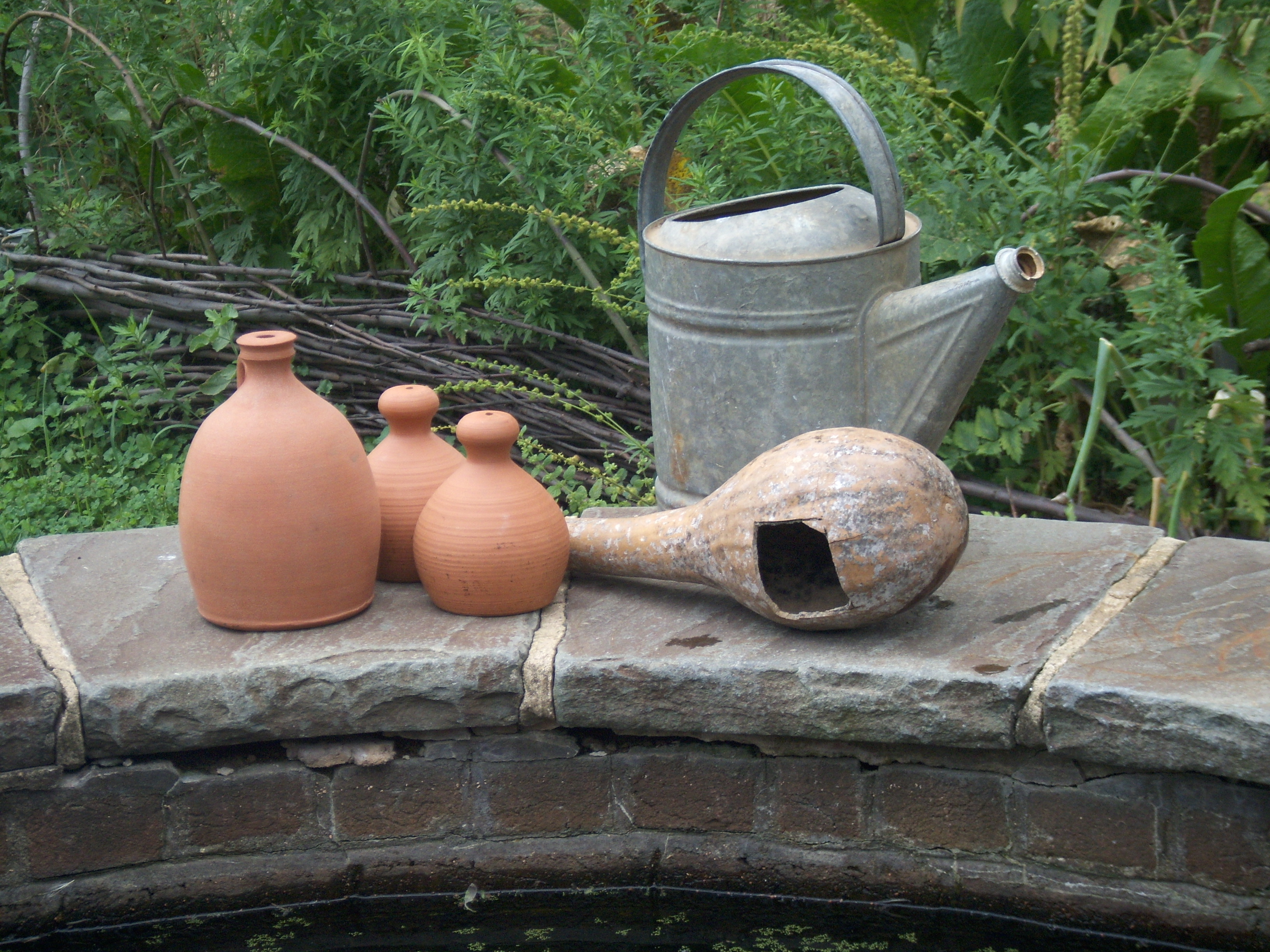 Dried gourds make excellent dippers for the cistern. Gourds and thumb-pots are favorite 17th-century tools kids can use as they water the garden's many plants.