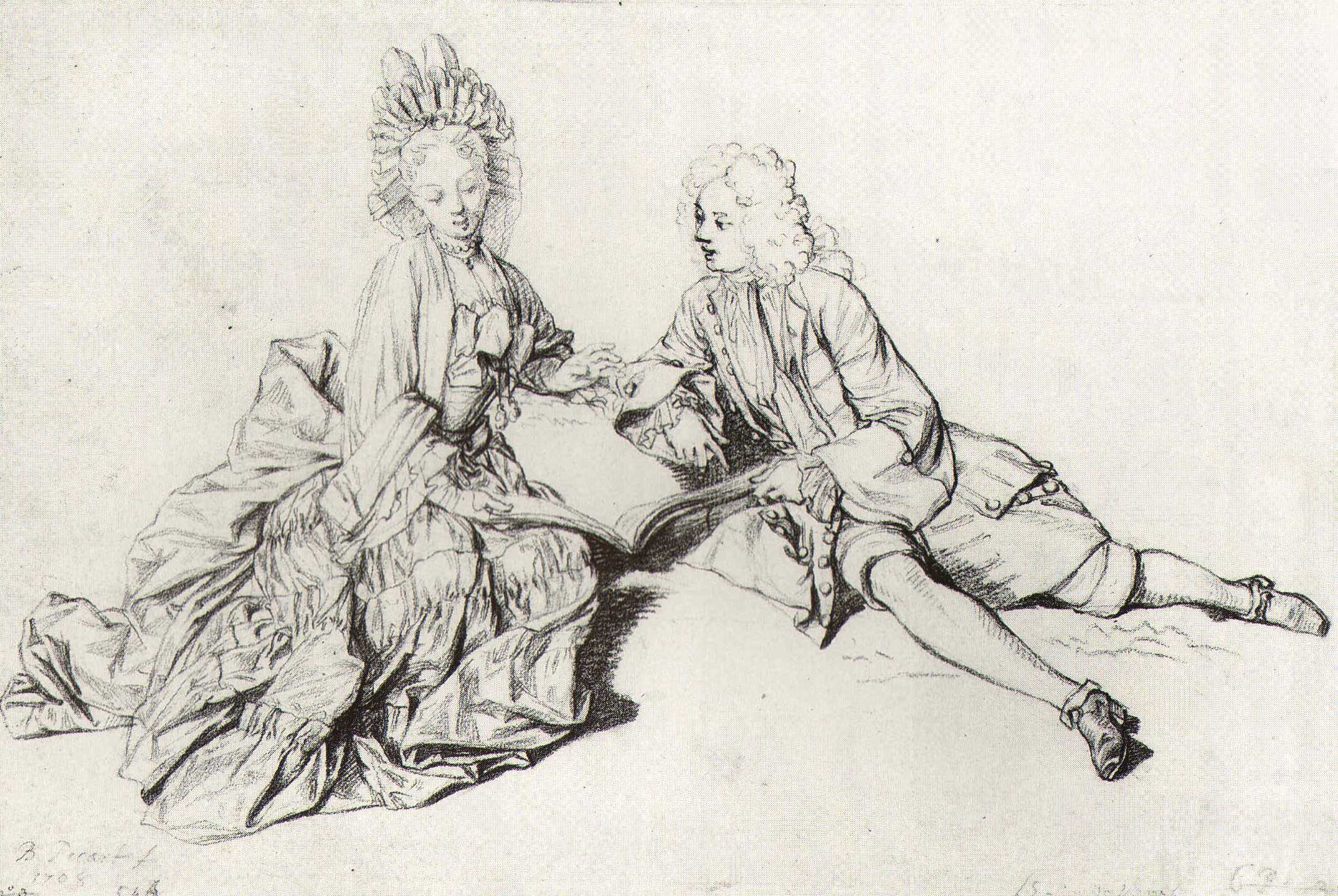 Picart, "Two figures for a fete galante," 1708