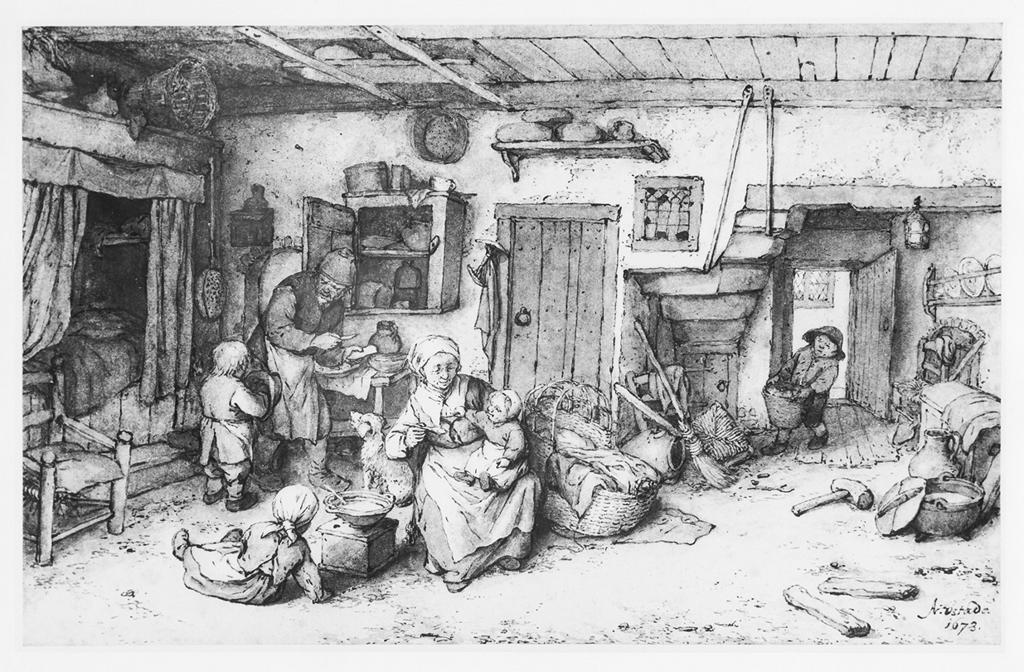 "Domestic interior with a family, a woman seated feeding a child on her lap, the father preparing a meal behind ," Adriaen van Ostade, 1673